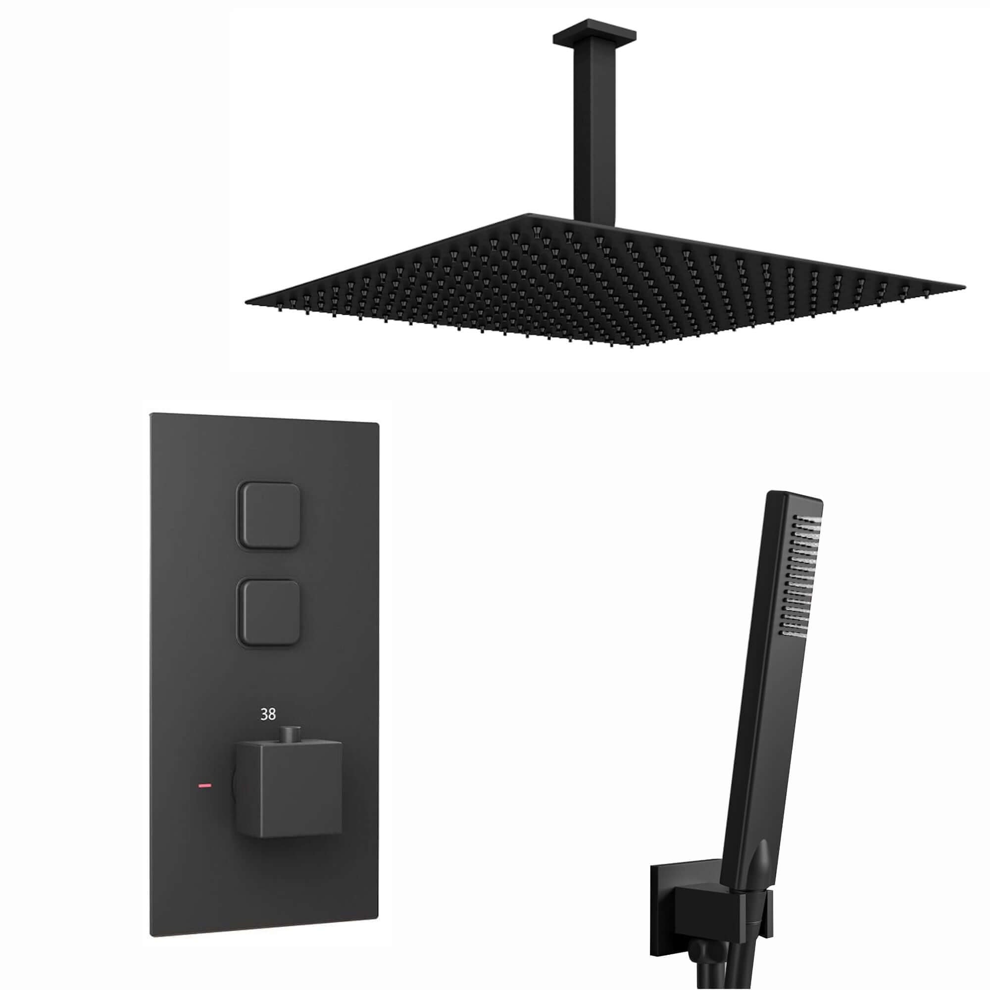Milan Square Thermostatic Concealed Shower Set with Ceiling Mounted Shower & Handset Kit - Black - Showers